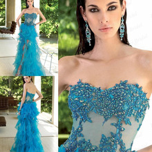 Free Shipping Modern Sheath Sweetheart Applique See Through Floor Length Organza Skirt Ruffle Prom Dress With