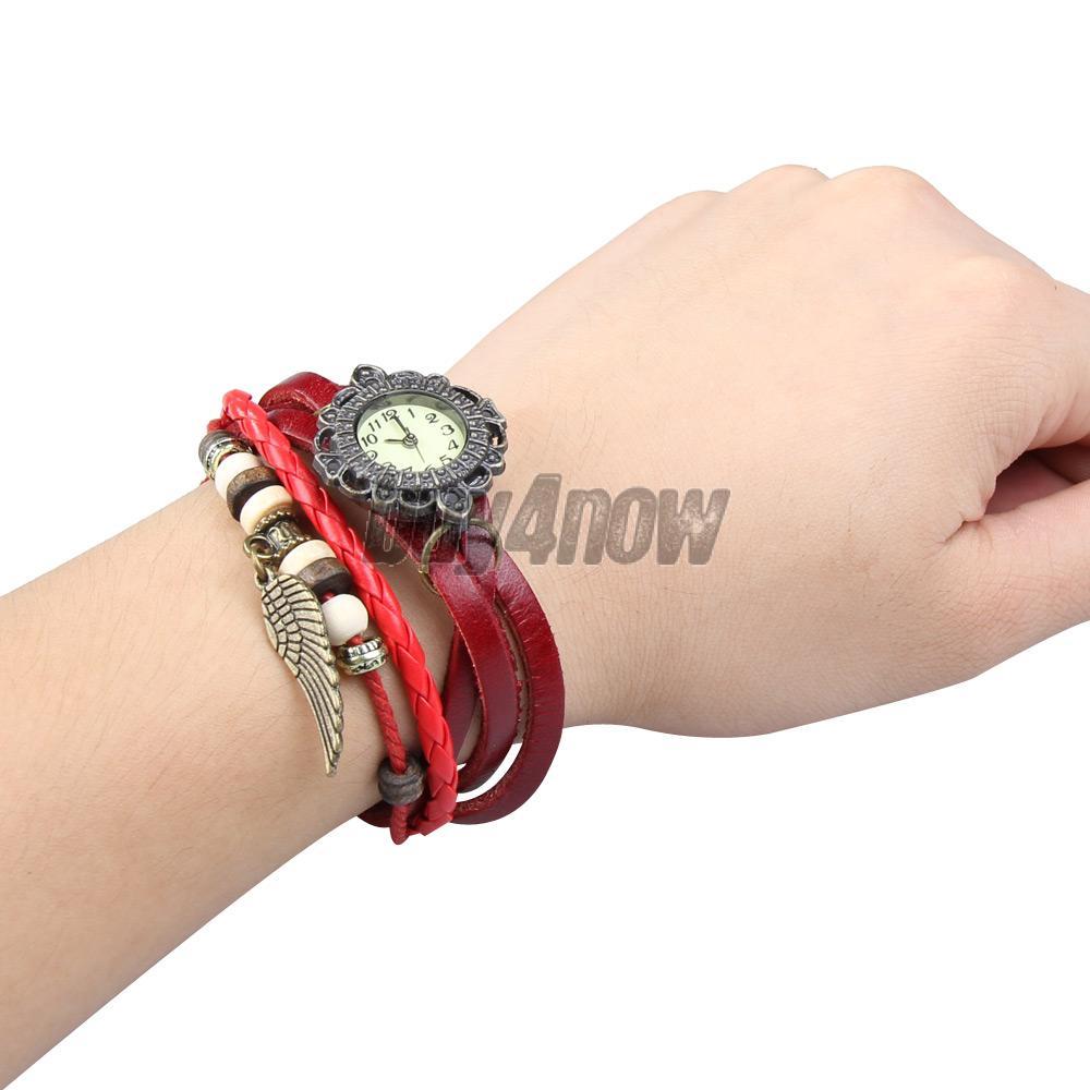 Trendy Lady Bracelet Wrist Watch Braid Watchband Wing Pendant Shape Red 1STL