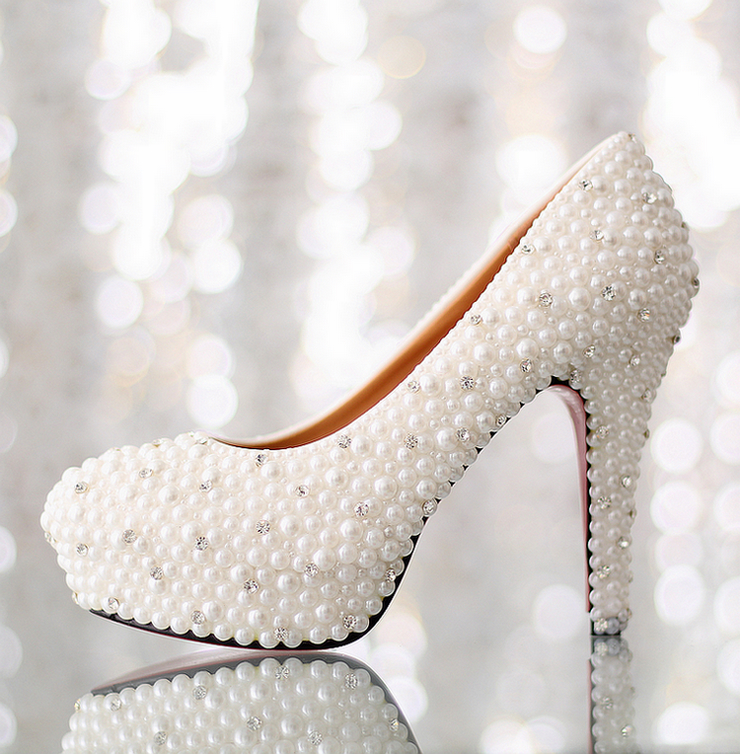 Bridal shoes elevator shoes platform diamond wedding shoes pearl rhinestone shoes white pumps 12CM