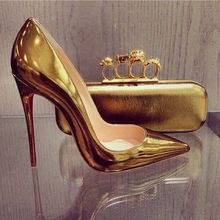 Free shipping women pumps 2014 new arrivals metal gold genuine patent leather pointed toe high heels evening prom party shoes