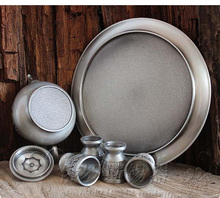 rare 6PCS set antique tin alloy metal embossed carved tea set drinkware tableware tea jar cup