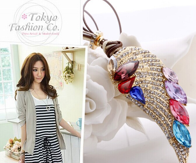 Austria crystal rhinestone angel wings pendant long necklace korean fashion luxury jewelry women collier bijoux jewerly