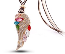 Austria crystal rhinestone angel wings pendant long necklace korean fashion luxury jewelry women collier bijoux jewerly