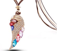 Austria crystal rhinestone angel wings pendant long necklace korean fashion luxury jewelry women collier bijoux jewerly