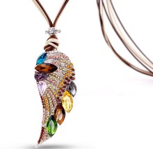 Austria crystal rhinestone angel wings pendant long necklace korean fashion luxury jewelry women collier bijoux jewerly