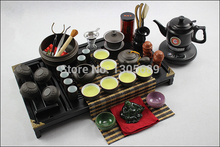 Chinese kungfu tea set yixing zisha purple clay tea set pot cup solid wood tea tray lotus design big tea cup