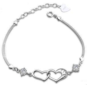 Free shipping 2014 new arrival hot sell double love heart 925 pure silver fashion ladies bracelets