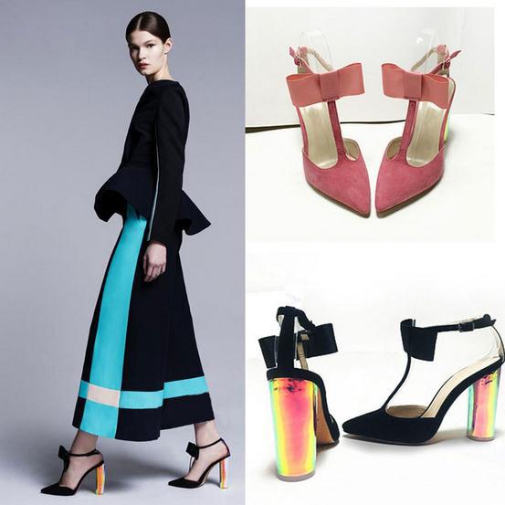 2014 European Women wedding Crystal high heels sandals pumps bow party shoes T strap Pointed Toe