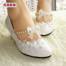 Handmade thin heels wedding shoes bridal shoes lace pearl bow women’s shoes