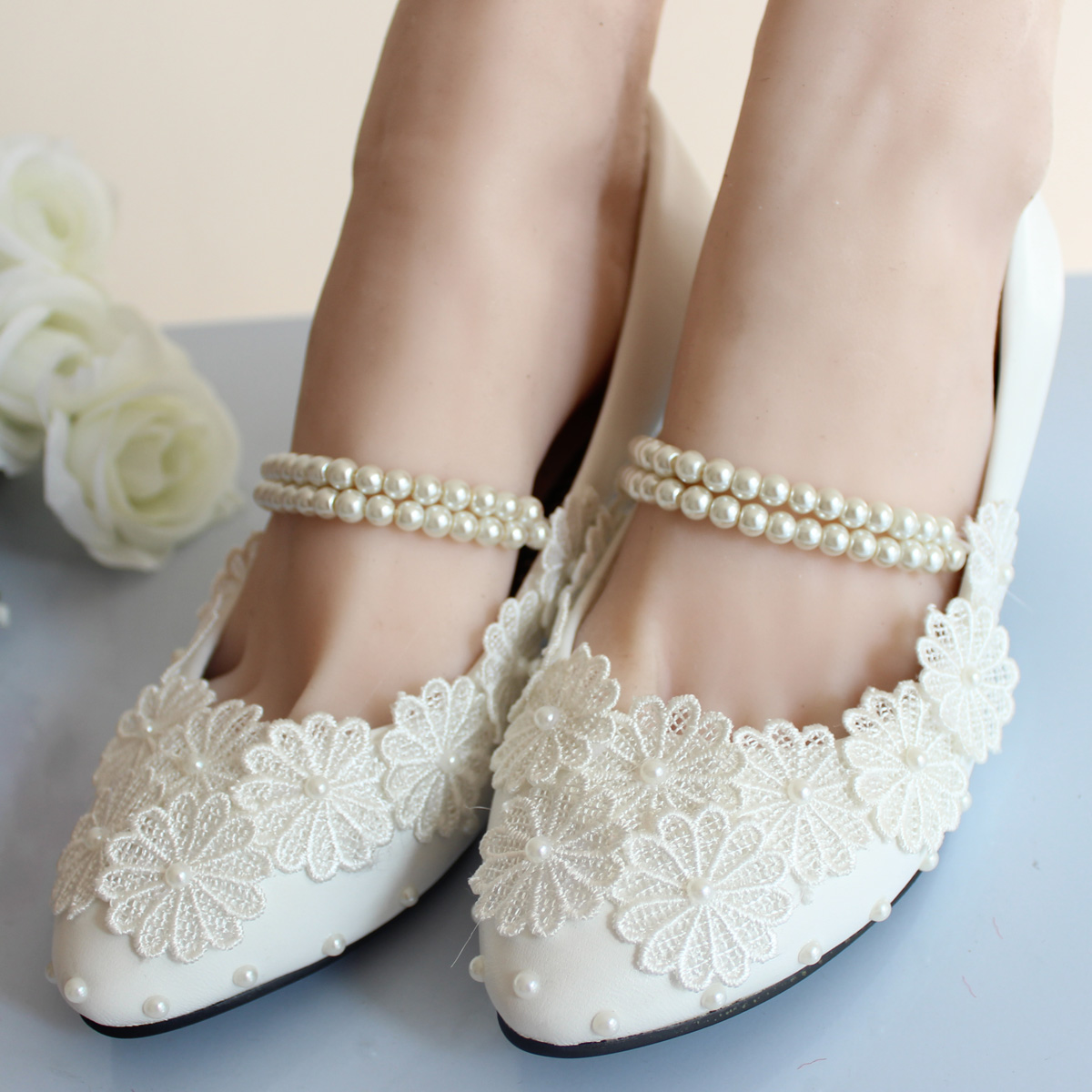 White bandage pearl flower bridal bridesmaid shoes women s shoes wedding shoes pumps