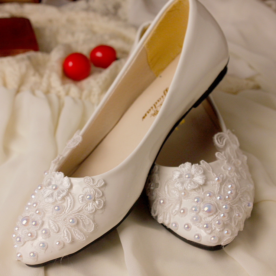 Handmade flat heel married wedding shoes female lace white wedding shoes pregnantwith low heeled