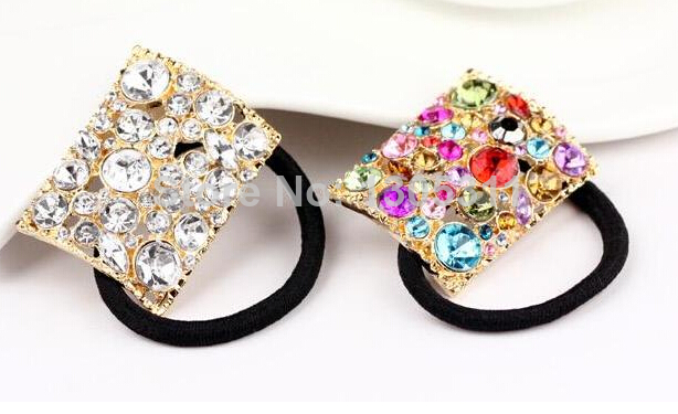 One Pcs Hot Sale Hair Rope Shine Rhinestone Square Shape Girls Woman Hair Bands Ponytail