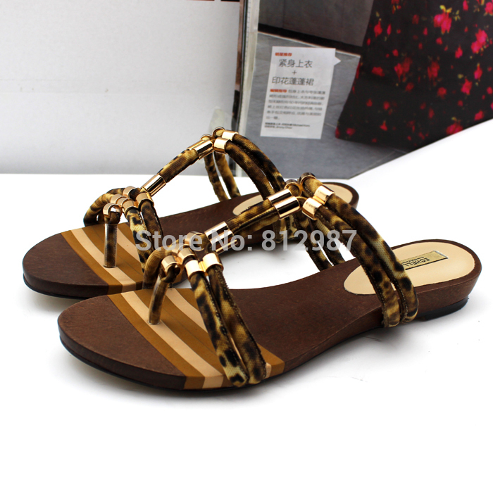 ... Italian Quality Leopard Authentic Leather Flat Gladiator Sandals Flip