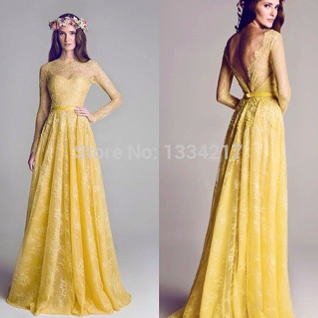 long sleeve evening dress 2015 A Line elegant o neck open back sweep train empire waist