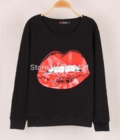 New 2014 fashion women sexy Red Lip gun print Long sleeve Sweatshirt sport Hoody Pullover Loose top m L Elina\'s shop