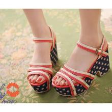 High quality women super sweet romantic dot stripe buckle thick crust slope with mixed candy colors wedge shoes