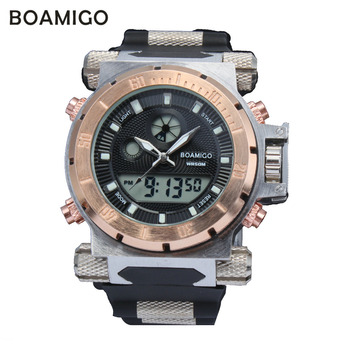 Супер люкс BOAMIGO марка мужчины военный спортивные часы время в пути кварцевых цифровые часы резинкой наручные часы