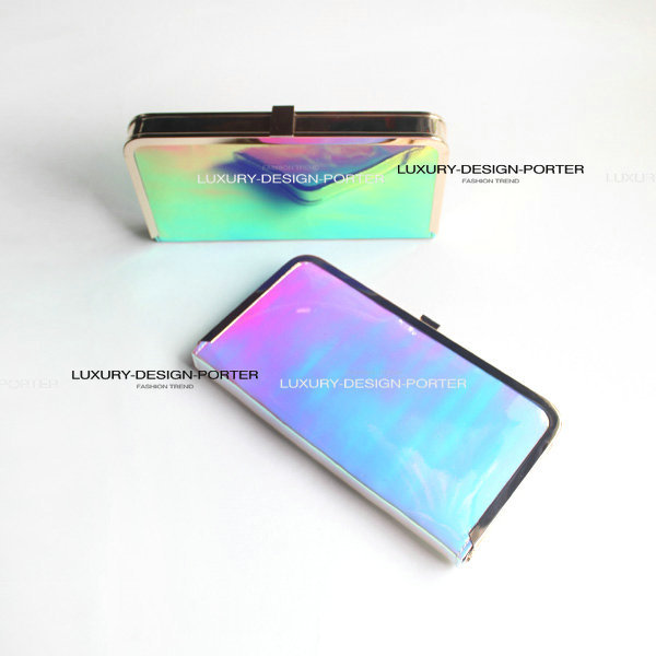 Designer Multi Hologram Rainbow color Leatherette Handbag Hard case Clutch Purse IT bag with Chain women