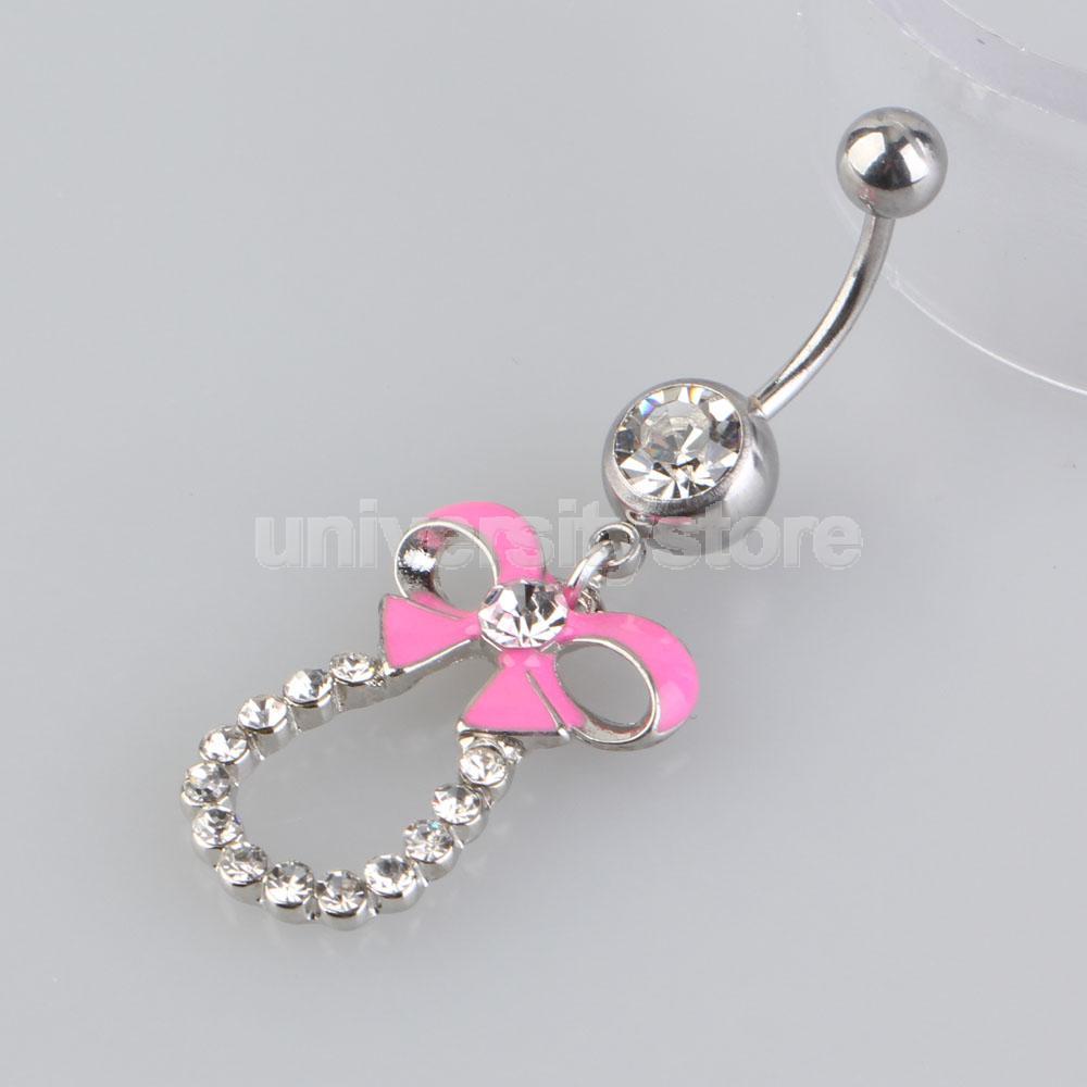 Pink Bowknot White Rhinestone Navel Ring Belly Ring Body Jewelry Piercing CA1T