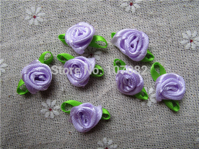 50pcs Lilac Mini Rose Flowers W Green Leaves Ployester Ribbon Flower Decorative Flowers For Wedding Deco