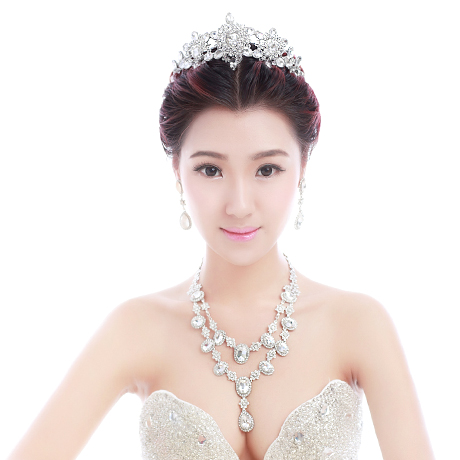 Elegant V Shape Luxury Bridal Three Piece Jewelry Set for Wedding Marriage with Crown Tiara Accessories