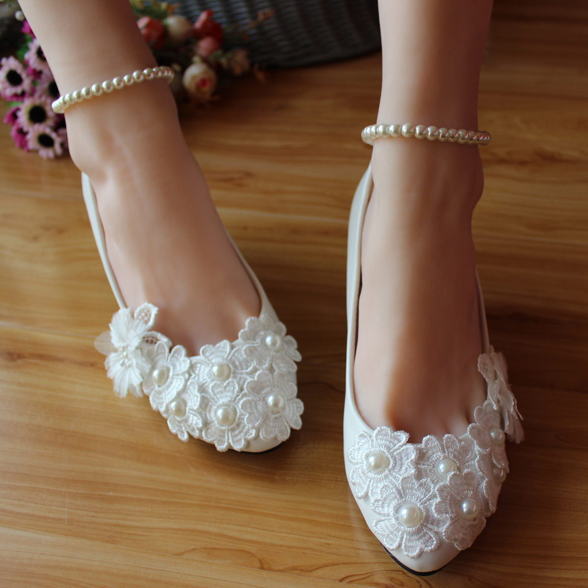 White Pearls decration lace wedding shoes bride handmade flower floral bridesmaid thin heels pumps