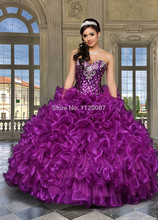 2014 Luxury Sweetheart Organza Ruffles Ball Gowns Beaded Crystals Bandage Vestidos De Quinceanera Dresses Purple New Arrival