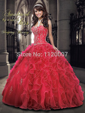 New Arrival Sweetheart Embroidery Beaded Ruffles Crystals Luxury Organza Ball Gowns Vestidos De Quinceanera Dresses 2014 Red