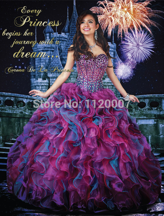 Hot Selling Sweetheart Quinceanera Dresses 2014 Ball Gowns Purple Organza Crystals Vestidos De Quinceanera 2014 Rhinestones