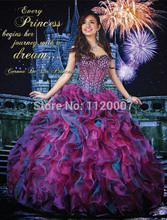 Hot Selling Sweetheart Quinceanera Dresses 2014 Ball Gowns Purple Organza Crystals Vestidos De Quinceanera 2014 Rhinestones