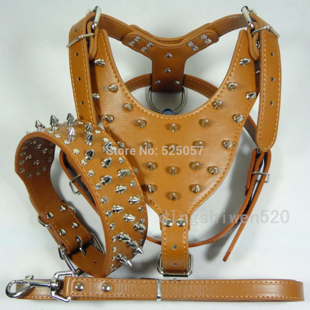 Large Breed Brown Studded&Spiked Leather Dog Collar Harness Leash Lead ... Large Breed Brown Studded&Spiked Leather Dog Collar Harness Leash Lead ...