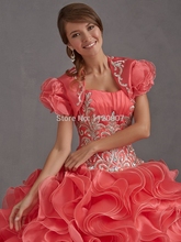 2015 Puffy Coral Quinceanera Dresses Ball Gowns with Jacket Plus Size Masquerade Dresses vestidos de 15