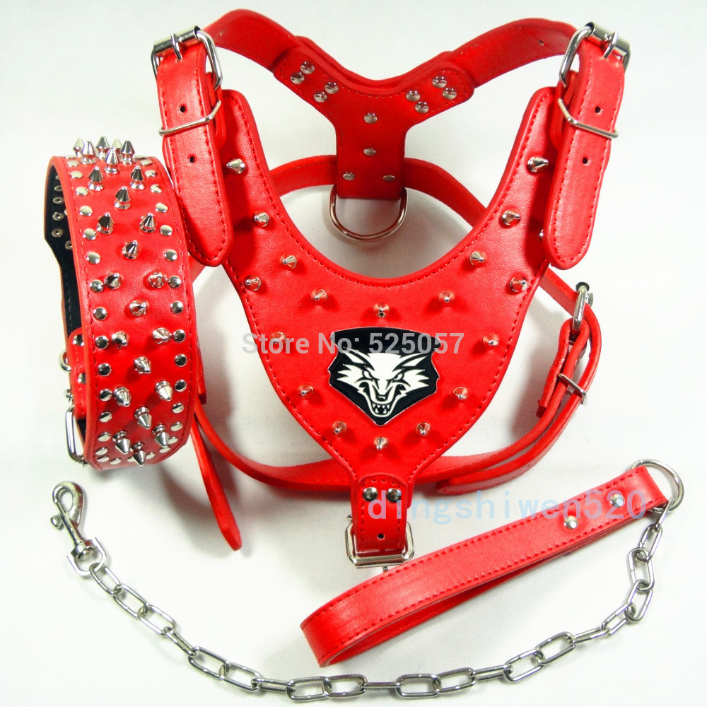 Red Leather Dog Harness & Collar & Leash Lead SET spikes studded ... Red Leather Dog Harness & Collar & Leash Lead SET spikes studded ...