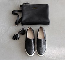 NEW fashion black Lattice women flats casual female creepers genuine leather sneakers solid slip on round
