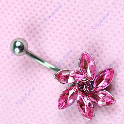 B86 Pink Flower Rhinestone Crystal Stainless Steel Belly Navel Ring Piercing Jewelry
