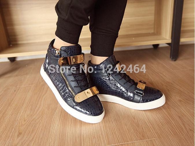 Drop Shipping 2014 Mens Womens Genuine Leather High Top GZ Sneakers Unisex Gold Chain Zip Buckle