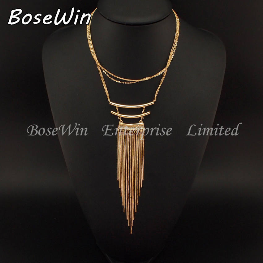 2014 Fashion Charm Lots Gold Chains Rhinestones Metal Pipes Long Necklaces Pendants For Women Jewelry Wholesale