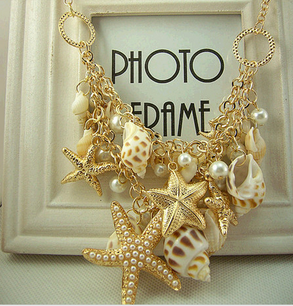 Korean choker of the lovely pearl sea shell double star sweater chain necklace gold ladies statement