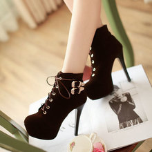 black/brown/red 12 cm sexy ankle thin heels buckle flock party Ankle boots W1HYZ-710-1 winter lace-Up high heels women boots