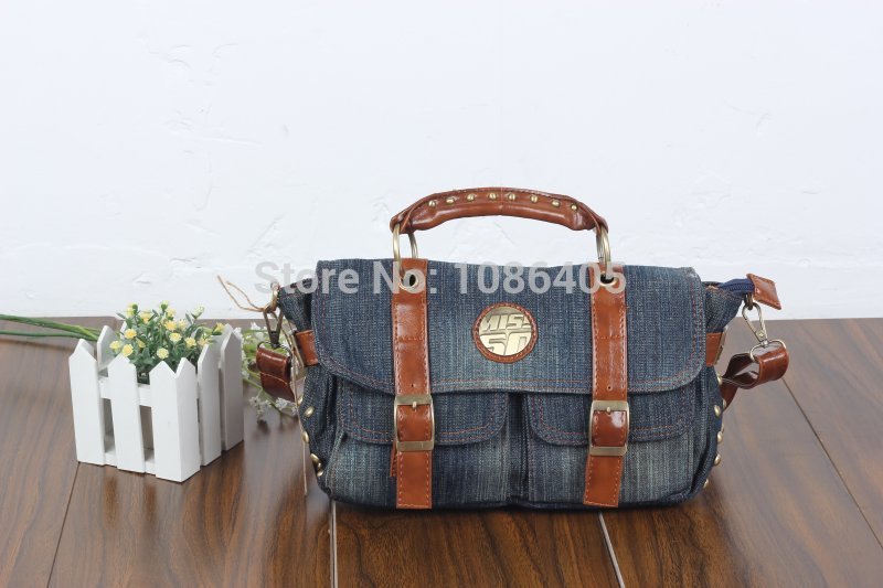 2014 New Vintage Fashion Rivet Jeans 100 Cotton Women HandBags Shoulder Totes For Female Free Shipping