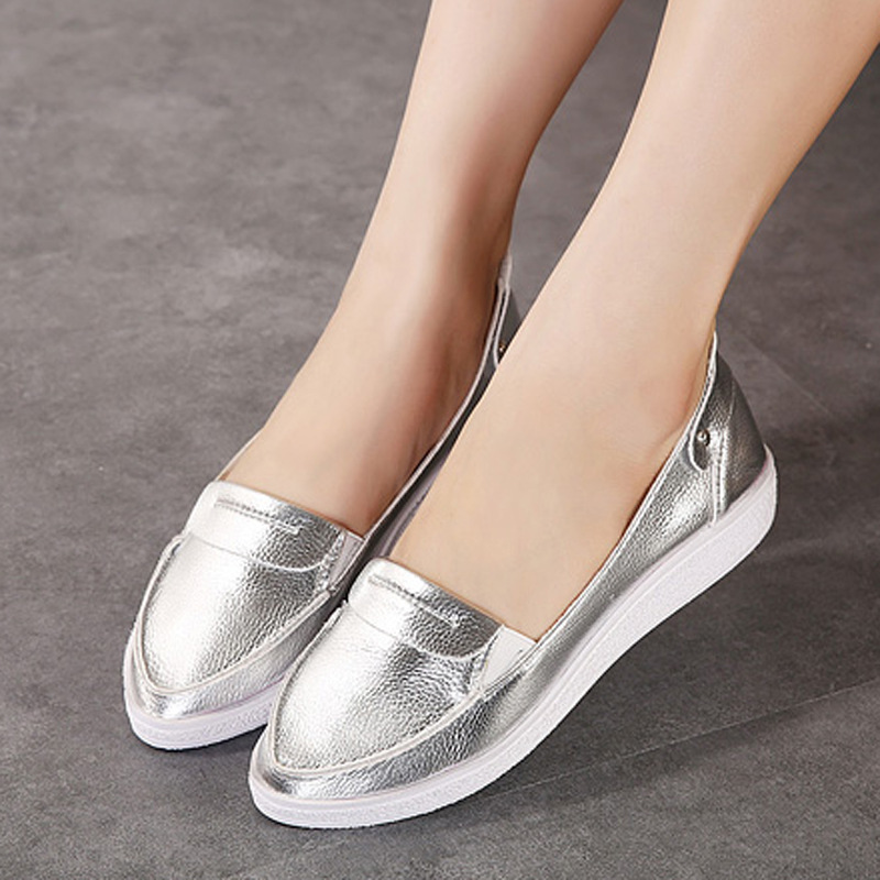 2014 new fashion genuine leather women flats pointed silver white women spring aautumn shoes, free shipping(China (Mainland))