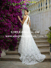 Sexy V-neck Halter White Vintage Lace Wedding Dress Keyhole Back with Tail RG1443