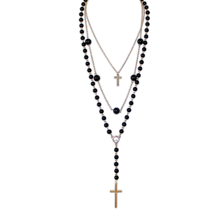 Hot Sale Black Beaded 3 Multi Layers Women Fashion Long Cross Pendant Necklace Wholesale Handmade Necklace