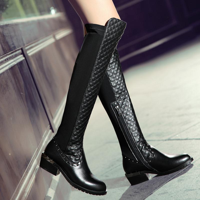 New fashion dress 2014 autumn shoes over knee high boots women motorcycle boots genuine leather boots