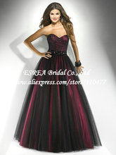 Beaded Belt Formal Sweertheart Burgundy Red and Black Tulle Prom Dresses Ball Gown Long JR645