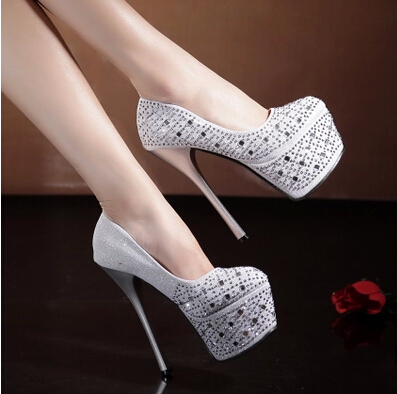 Fashion sexy high heeled shoes 16cm rhinestone platform thin heels single shoes silver wedding shoes