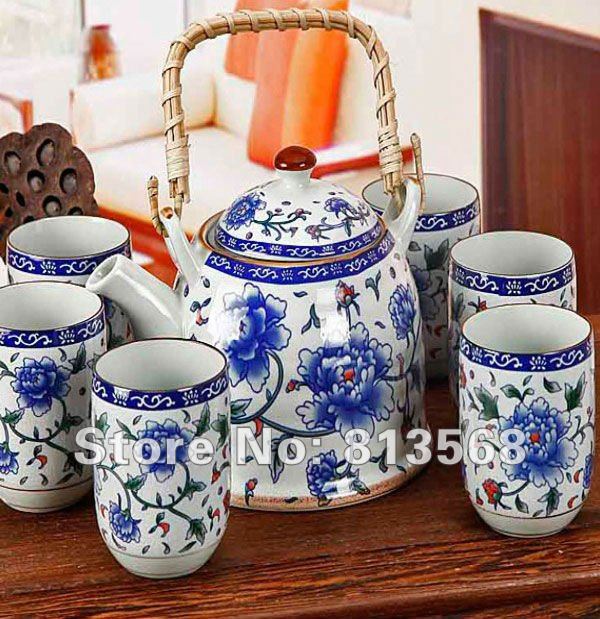free shipping 7 pcs chinese DEHUA porcelain tea set with rattan handle exquisite bone china ceramic