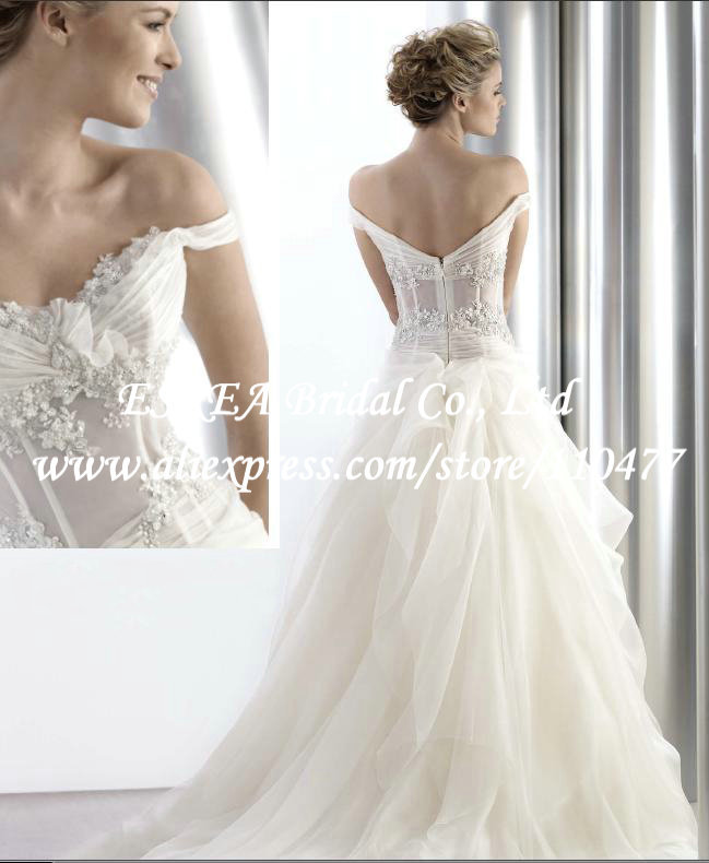 Beaded Appliques Stylish Cap Sleeve Organza Ruched White Wedding Dresses A Line RG1484 Sheer Corset