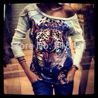 Elina\'s shop New 2014 women fashion knitted pullovers pearl animal Leopard print 3D long sleeve Stitching shirt hoody s m l