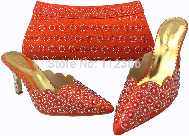Fashion orange shoe and matching bag with stones wholesale price shoe and bag with free shipping